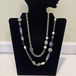 Chico’s double strand long necklace silver and blue